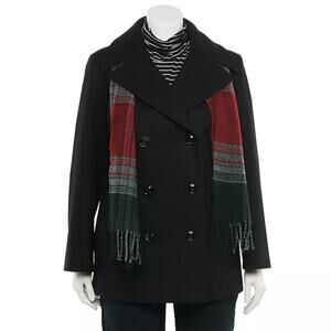 NEW London Fog BLACK  Wool Blend Pea Coat  With Scarf  Women's XL